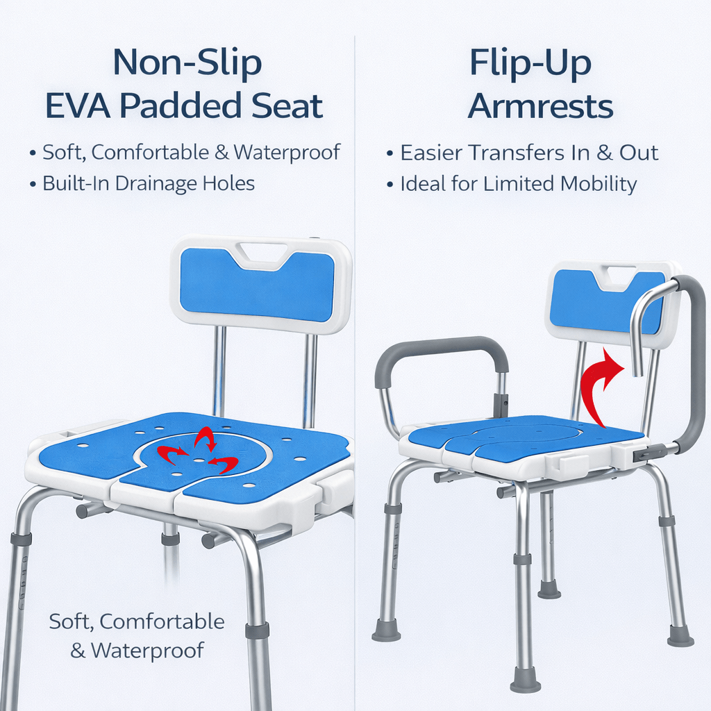 KASATODAY Adjustable Shower Chair with Flip-Up Armrests, Non-Slip EVA Padded Seat, Height Adjustable Aluminum Bath Chair for Bathroom Use